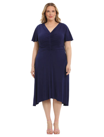 Ruched Navy Fit-And-Flare Dress