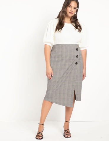 Wrap Plaid Skirt with Buttons in Black with Brown Plaid