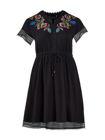 Embroidered Lace Trim Black Dress
