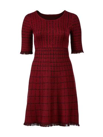 Wine Plaid Fit-And-Flare Sweater Dress