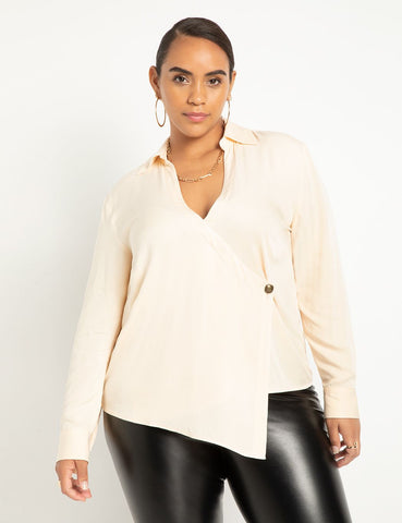 Wrap Front Collared Top in Brazillian Sand