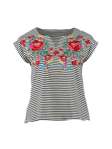 Notch Neck Stripe Embroidered Top