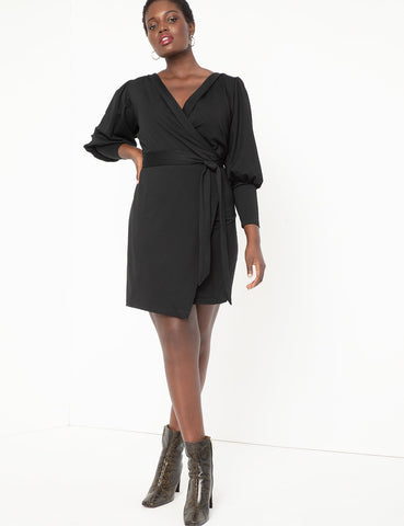 Wrap Dress with Puff Sleeves in Black