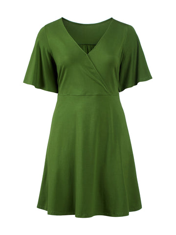 Flutter Sleeve Green Faux-Wrap Dress
