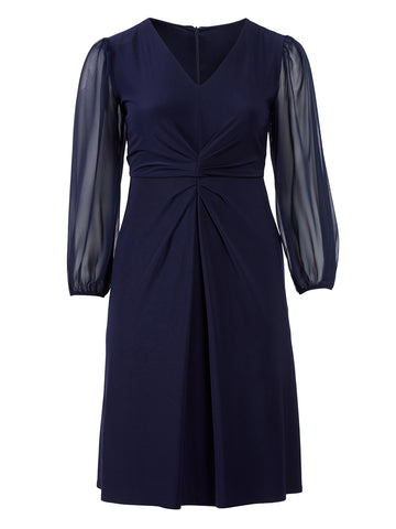 Tucked Front Navy Fit-And-Flare Dress