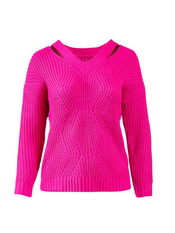 Hot Pink Slit Detail Cable Knit Sweater