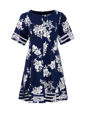 Elbow Sleeve Navy Floral Fit-And-Flare Dress