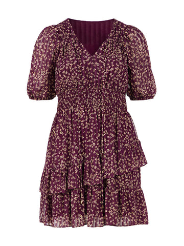 Burgundy Ditsy Floral Tiered Fit-And-Flare Dress