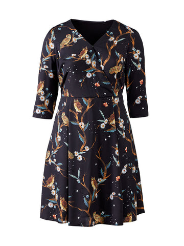 Owl And Floral Vine Faux-Wrap Dress