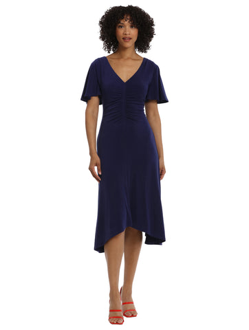 Ruched Navy Fit-And-Flare Dress