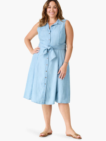 Drapey Denim Shirt Dress in Mid Wash