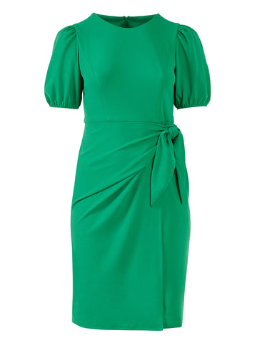Green Tie Front Bubble Sleeve Sheath Dress