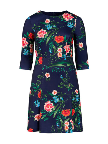 Long Sleeve Scuba Floral Fit-And-Flare Dress