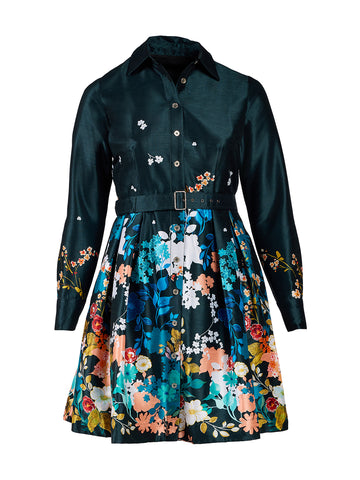 Floral Print Dupioni Sash-Tie Shirtdress