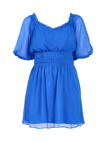 Blue Short Sleeve Fit-And-Flare Dress