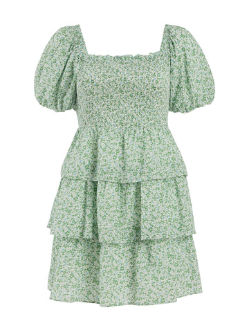 Crinkled Floral Linen Smocked Mini Dress