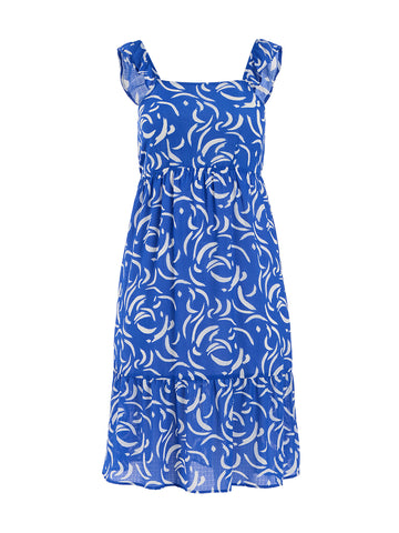 Ruffle Detail Geo Print Blue Dress