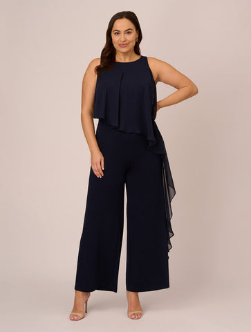 Plus Size Chiffon And Crepe Wide Leg Jumpsuit In Midnight