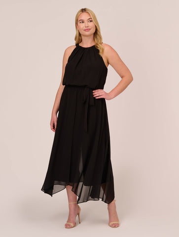 Plus Size Halter Jumpsuit With Chiffon Overlay Skirt In Black