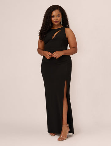 Plus Size Knit Crepe Sleeveless Column Gown With Cutout Neckline In Black