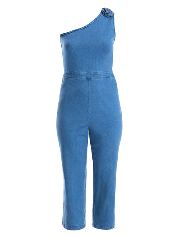 One Shoulder Denim Jumpsuit