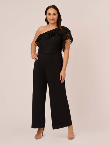 Plus Size One Shoulder Crepe Jumpsuit With Lace Ruffle Details In Black