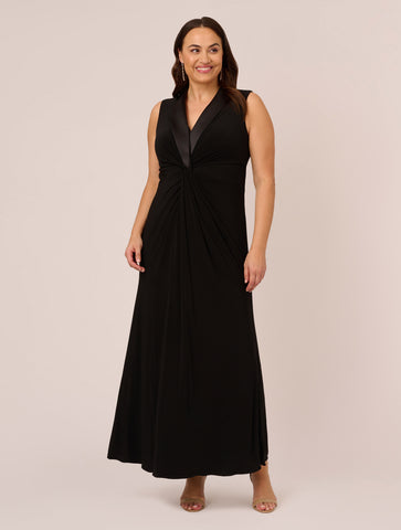 Plus Size Matte Jersey Twist Front Tuxedo Long Gown In Black