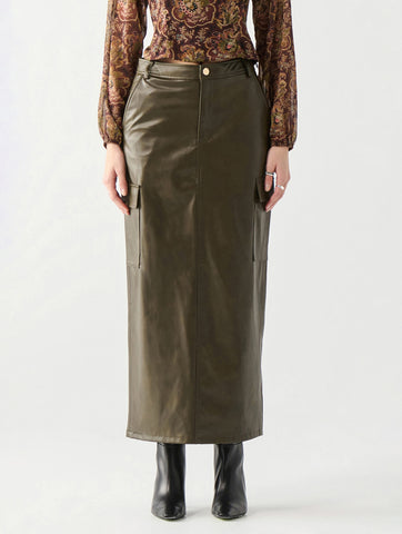 Faux Leather Cargo Maxi Skirt in Dark Khaki Green