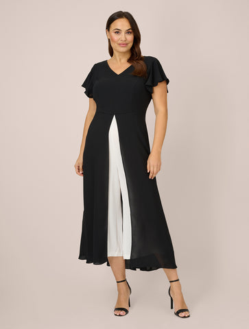 Plus Size Crepe Cropped Jumpsuit With Gauze Overlay In Black Ivory