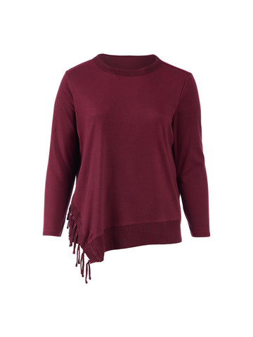 Asymmetrical Fringe Hem Long Sleeve Sweater