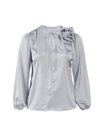 Flower Detail Silver Satin Top