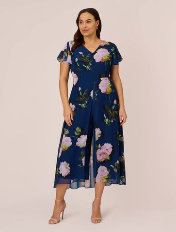 Plus Size Floral Print Chiffon Cropped Jumpsuit In Navy Multi