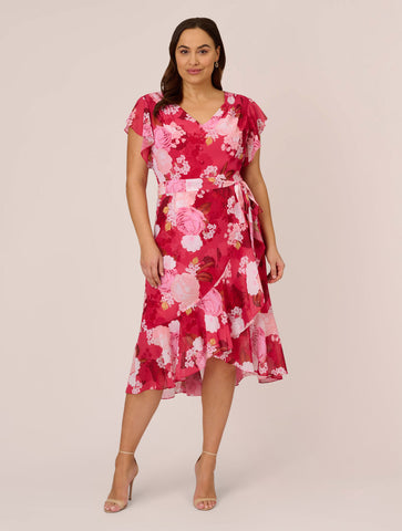 Plus Size Floral Print Smocked Chiffon Short Dress In Pink Multi