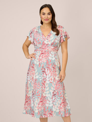 Plus Size Floral-Print Fit-And-Flare Midi-Length Chiffon Dress In Aqua Multi