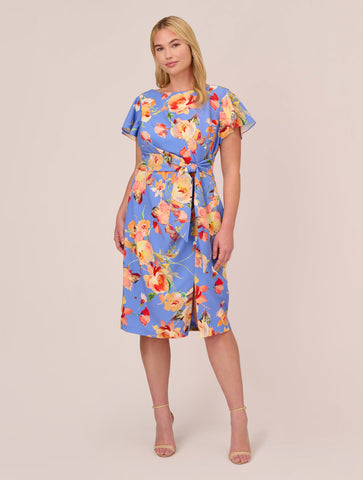 Plus Size Flutter Sleeve Floral Print Dress With Tie Front In Peri Multi