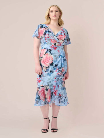 Plus Size Floral Faux Wrap Dress In Blue Multi