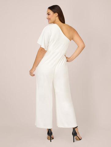 Plus Size Flutter One Shoulder Jumpsuit In Ivory | Adrianna Plus Size Flutter One Shoulder Jumpsuit In Ivory | Adrianna