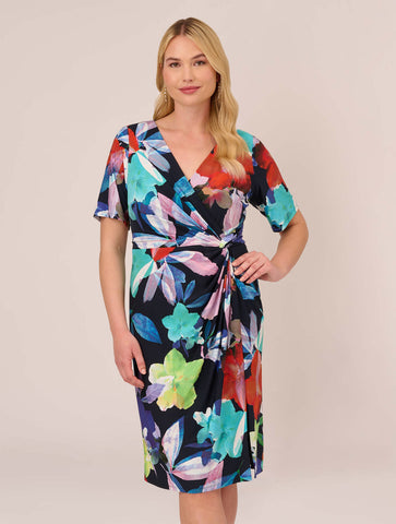 Plus Size Floral Knotted Sheath Dress With Elbow-Length Sleeves In Dark Navy Multi