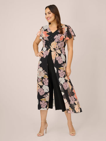 Plus Size Floral-Print Chiffon And Jersey Cropped Jumpsuit In Black Multi