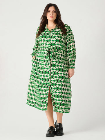 Printed Maxi Shirt Dress in Emerald/ Ecru Geo