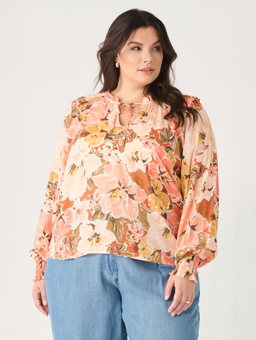 Smocked Shoulder Blouse in Orange/ Peach Floral