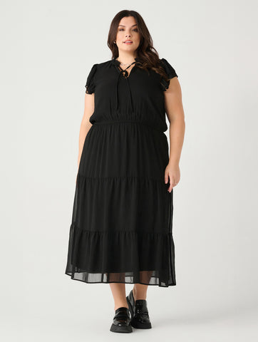 Ruffled Sleve Tiered Maxi Dress in Black