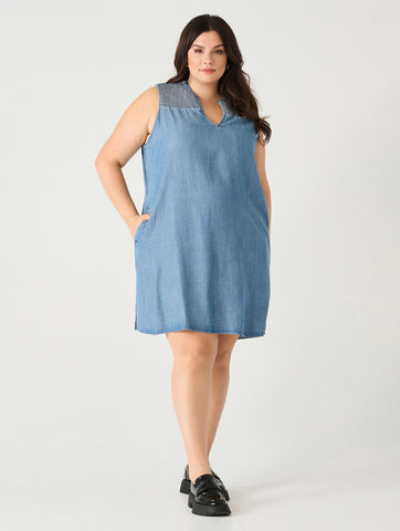 Smocked Shoulder Mini Dress in Chambray Wash