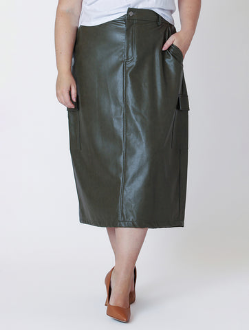 Faux Leather Cargo Maxi Skirt in Dark Khaki Green