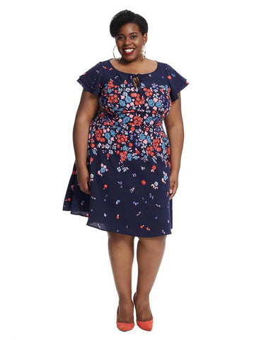 Navy Floral Fit And Flare Dress