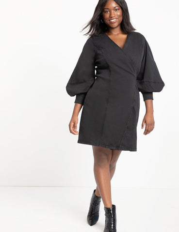 Full Sleeve A-Line Denim Dress in Black Denim