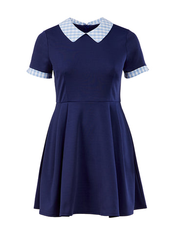 Gingham Collar Navy Fit-And-Flare Dress