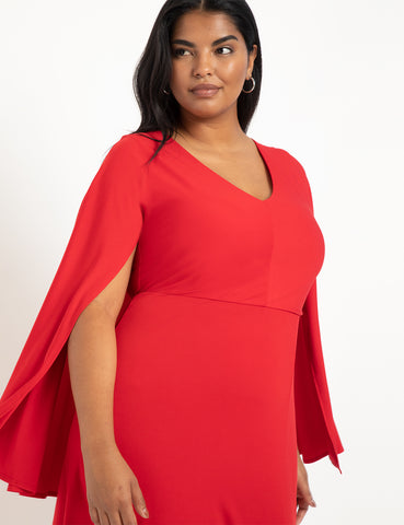 Cape Midi Dress With Slit in Haute Red