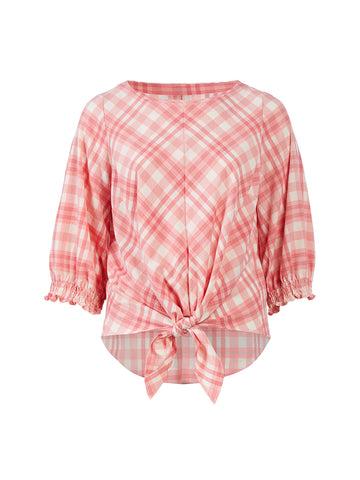Front Knot Pink Plaid Top