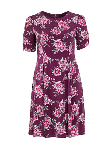 Rose Printed Plum Blouson Sleeve Knee Length Dress
